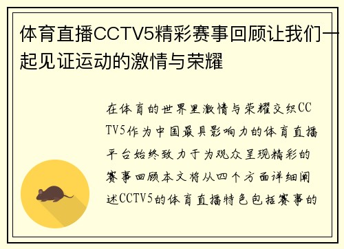 体育直播CCTV5精彩赛事回顾让我们一起见证运动的激情与荣耀