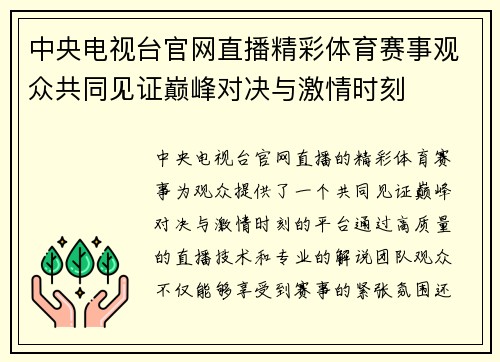 中央电视台官网直播精彩体育赛事观众共同见证巅峰对决与激情时刻